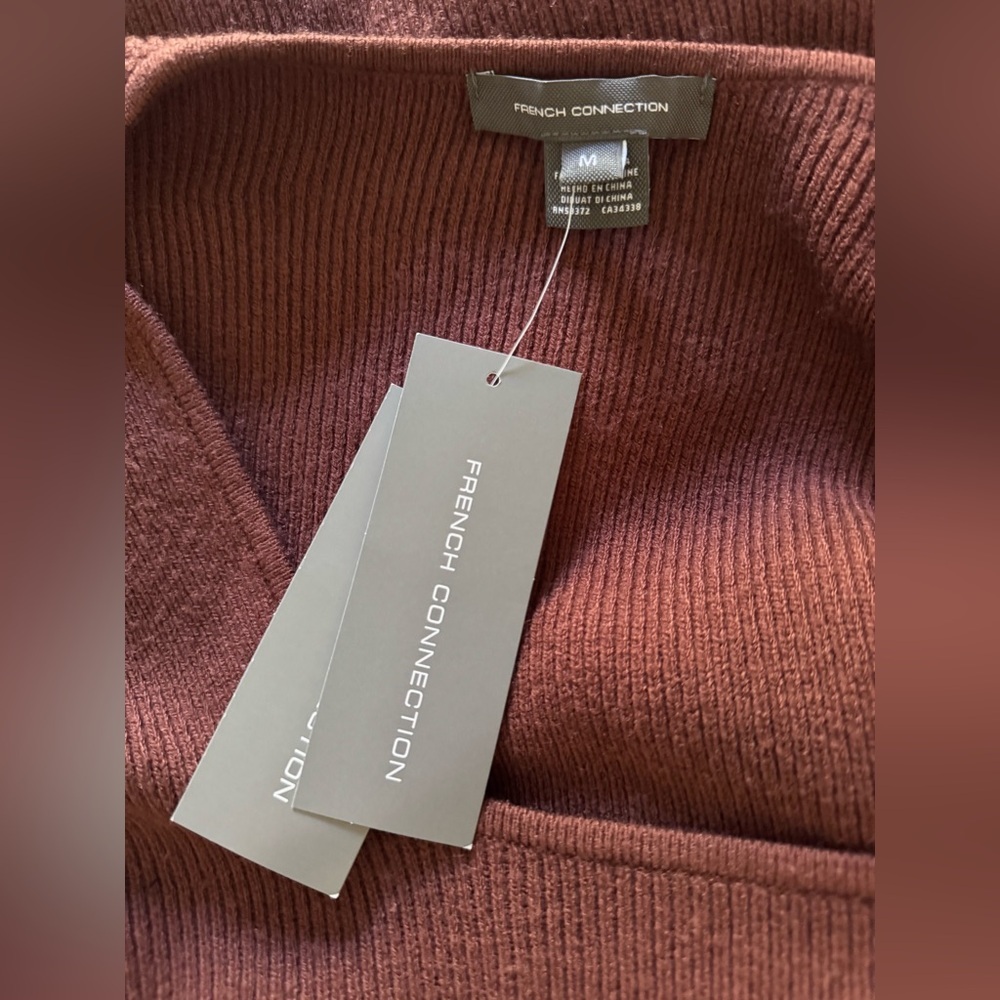 NWT FRENCH CONNECTION Chocolate Ribbed Puff Sleeve Dress (M) - Picture 9 of 11